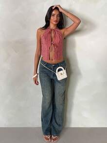 Glamine Retro Plaid Backless Spaghetti Strap Camisole Top For Women, Summer Vacation Style - Red - View 4