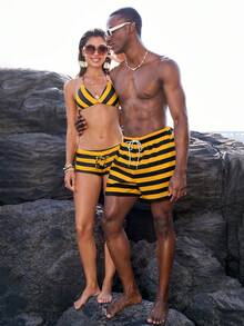 Manfinity VDAYZ Quần short nam dáng casual kẻ sọc, cạp chun, thích hợp đi biển. - Màu vàng - Xem 4