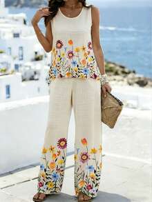 EMERY ROSE Women's Floral Print V-Neck Camisole And Wide Leg Pants Casual 2-Piece Set - Multicolor - View 3