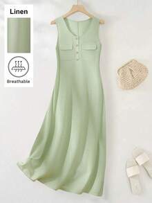 SHEIN Franclia Button Pocket Dress For Women - Green - View 6