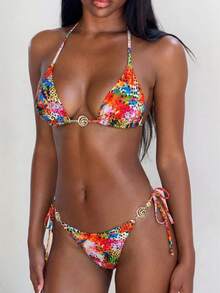 Swim Vcay Conjunto de bikini de 2 piezas, parte superior de triángulo con estampado aleatorio de conchas marinas y Bottom con lazos laterales, conjunto de bikini sexy para verano y vacaciones en la playa - Multicolor - Ver 8