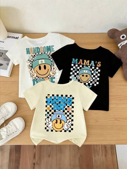 3pcs/Set Baby Boy Summer Casual Cute Checkered Face "MAMA'S BOY" Letter Print Short Sleeve Round Neck T-Shirt Set
