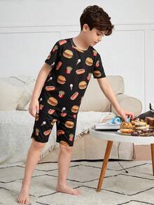 SHEIN 2 piezas Conjunto de pijama de niño preadolescente ajustado con estampado de hamburguesa y papas fritas, de cuello redondo y manga corta, camiseta y pantalones cortos suaves y cómodos, adecuado para primavera/verano, hogar, fiesta - Negro - Ver 5