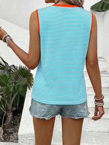 SHEIN Women Casual Sleeveless Round Neck Contrast Trim Striped Print Pattern Tank Top - Multicolor - View 2