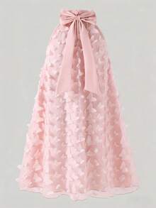 SHEIN 优雅奢华少女连衣裙，可爱公主裙，杏色立领，精致刺绣花卉装饰，无袖A字廓形，华丽公主裙 - 粉色 - 查看 7