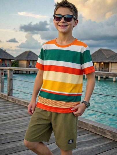 SHEIN 2pcs/Set Tween Boys Casual Striped Print Round Neck Short Sleeve T-Shirt And Shorts Set, Suitable For Summer