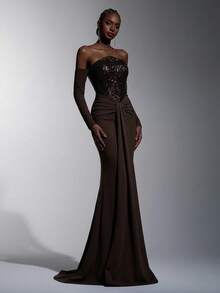 Elitara Elitara Elegant, Romantic, Sexy, Minimalist, Brown, Beaded Fabric, Stretchy Fabric, Long Sleeve, Fishtail Hem, Fashionable, Holiday, Vacation, Birthday Party, Wedding Event, Formal Dinner Dress - Coffee Brown - View 4