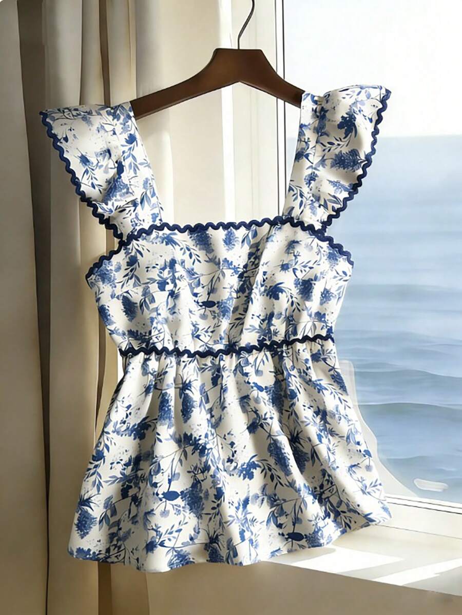 GlowEve Women's Casual Shirt With Ruffle Floral Print And Flutter Sleeves - Blue and White - View 1