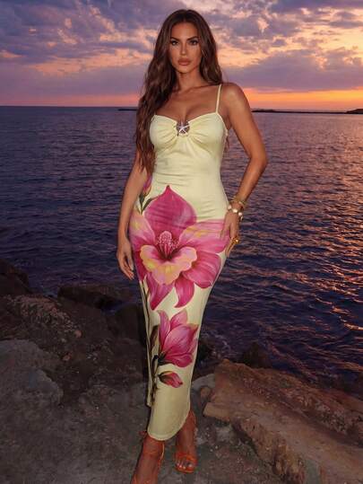 Allurite Đầm đen nhỏ dáng dài, tối giản, gợi cảm, thời trang, đa năng, phù hợp cho hoạt động ngoài trời, thành thị, công sở, tiệc tùng, đi làm, ngày lễ tình nhân, hẹn hò, kỳ nghỉ, đi biển, thường ngày, thanh lịch, cổ điển, phổ biến, họa tiết sao biển, dây đeo, in hình.