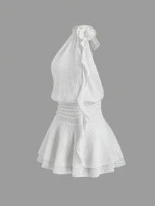 Sweetra Halter Neck Sleeveless Dress, French Chic Backless Halter Neck Dress - White - View 1