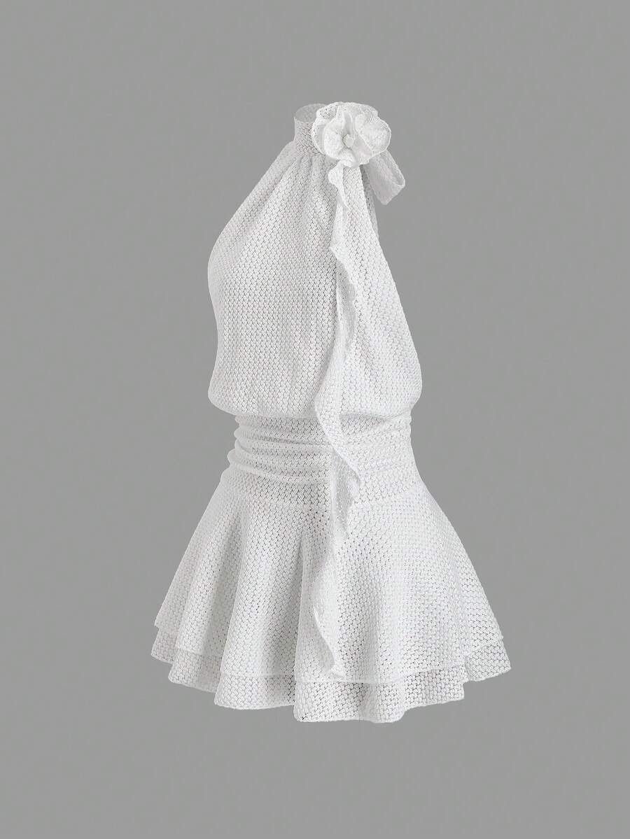 Sweetra Halter Neck Sleeveless Dress, French Chic Backless Halter Neck Dress - White - View 1