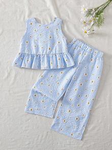 女童夏季新款简约休闲两件套，雏菊印花天蓝色，无袖露脐上衣配荷叶边下摆和宽松阔腿裤，适合日常穿着、休闲外出、旅行和海滩。 - 藍色 - 查看 2