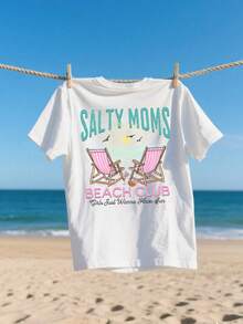 Resyla Salty Moms Beach Club Print Summer Vacation T-Shirt - White - View 5