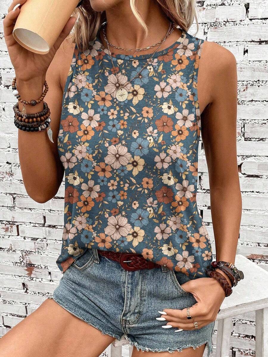 EMERY ROSE Casual Retro Floral Pattern Round Neck Women Tank Top, Suitable For Autumn And Summer Suitable For Going Out,Casual - Blue - View 1