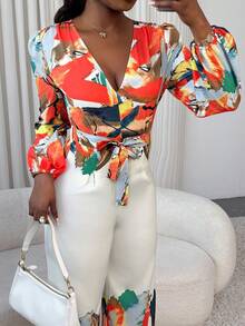 Xyvia Damen V-Ausschnitt Jumpsuit mit geraffter Taille, modischer Alltag Outfit - Verschiedenfarbig - Übersicht 6