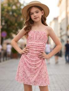 SHEIN Tween Girls' Sweet Ditsy Floral Ruffle Strap Summer Dress - Pink - View 4