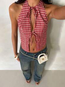 Glamine Retro Plaid Backless Spaghetti Strap Camisole Top For Women, Summer Vacation Style - Red - View 3