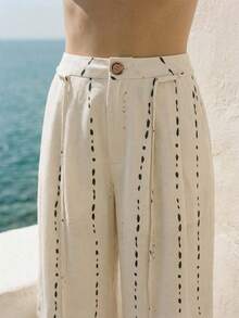 Lumivelle Pantalones anchos de cintura alta con estampado de rayas y lazo para mujer, de estilo casual de verano - Beis - Ver 3