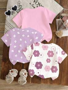 Souflis Souflis Set da 3 pezzi di magliette casual e carine per bambina, con stampe floreali e di lettere, collo rotondo, maniche corte. Outfit versatile e multicolore adatto per primavera/estate e vacanze - Multicolore - Visualizzare 2