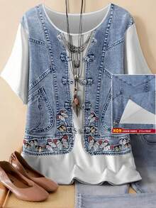 EMERY ROSE Áo thun nữ tay ngắn cổ tròn in họa tiết denim, cỡ lớn, kiểu dáng thường ngày. - Nhiều màu - Xem 1