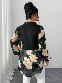 SHEIN Elenzya Plus Size Women Floral Print Ruched Casual Versatile Daily Wear Long Sleeve Top - Multicolor - View 2