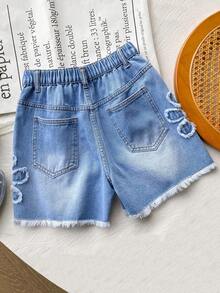 SHEIN Genkimix Kids 少女休闲牛仔短裤，新款上市，彩色星星刺绣，蓝色水洗流苏边 - 藍色 - 查看 2