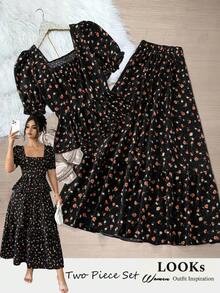 GlowEve CURVE 大码女式浪漫碎花复古方领泡泡袖荷叶边下摆优雅上衣+松紧腰休闲度假半身裙两件套 - 黑色 - 查看 7