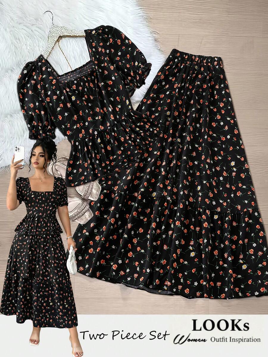 GlowEve CURVE Bộ đồ 2 món dành cho nữ cỡ lớn: Áo kiểu dáng thanh lịch cổ vuông tay phồng viền bèo họa tiết hoa nhí lãng mạn, kết hợp với chân váy eo chun, kiểu dáng thường ngày, thích hợp cho kỳ nghỉ. - màu đen - Xem 1