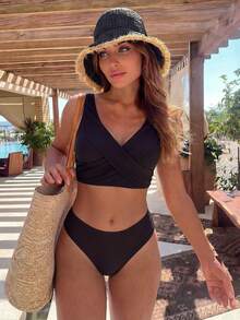SHEIN Swim 夏季海滩女士交叉带后系带分体比基尼套装 - 黑色 - 查看 7