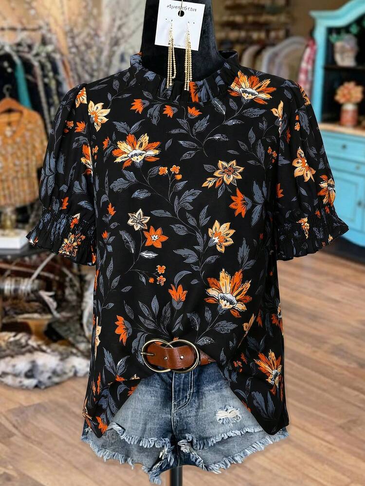 Linhara Plus Size Women's Black Base Orange Flower Stand Collar Ruffle Trim Petal Sleeve Loose Retro Casual Commute Date Daily Holiday Outdoor Comfortable Shirt, Spring/Summer New - Multicolor - View 4
