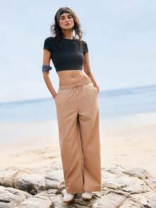 SHEIN Women's Linen Drawstring Waist Wide Leg Pants - Khaki - View 6