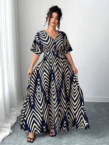 SHEIN CURVE+ Plus Size Multicolor Random Print V Neck Long Casual A Line Wrap Dress With Half Batwing Sleeves - Multicolor - View 5