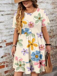 EMERY ROSE Casual Loose Fit Round Neck Short Sleeve Plus Size Dress, Suitable For Autumn/Winter - Multicolor - View 5