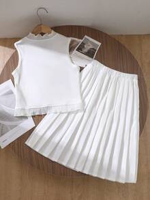 French Preppy Style Collar Neck Plain Polyester Co-Ord - White - View 2