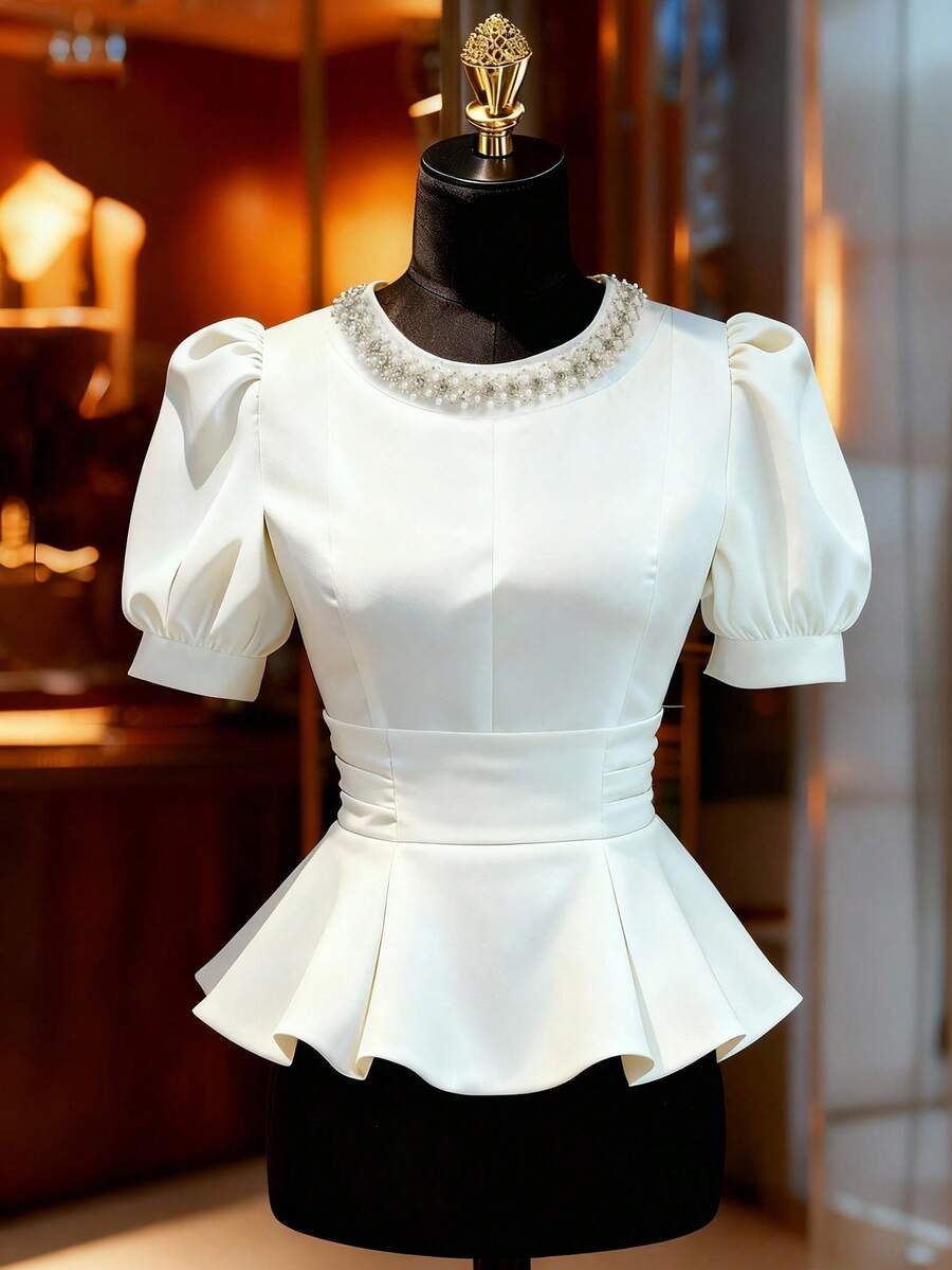 Franclia Áo sơ mi trắng thanh lịch dành cho nữ với cổ áo bất đối xứng phối lưới. - trắng - Xem 1