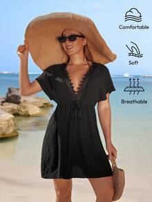 Swim Lushoire 女士夏季沙滩V领波西米亚蕾丝边蝙蝠袖纯色纹理弹力腰带优雅休闲度假罩衫 - 黑色 - 查看 5