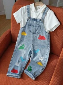 Young Boy New Fashion Casual Boho Basic Colorful Cartoon Dinosaur Print Distressed Denim Bib Overalls Jumpsuit Spring Summer,For Kids Boys Spring/Summer Dailywear Outfits,Boys Streetwear Outfits,Boys Beach Outfit,Vacation Outfits For Boys,Casual Clothes For Boys,Graphic Jumpsuit,Toddler Jumpsuit,4-Year-Old Boys Jumpsuit ,Summer Jumpsuit,Casual Jumpsuit - Light Wash - View 1