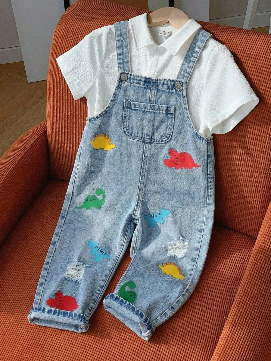 Young Boy New Fashion Casual Boho Basic Colorful Cartoon Dinosaur Print Distressed Denim Bib Overalls Jumpsuit Spring Summer,For Kids Boys Spring/Summer Dailywear Outfits,Boys Streetwear Outfits,Boys Beach Outfit,Vacation Outfits For Boys,Casual Clothes For Boys,Graphic Jumpsuit,Toddler Jumpsuit,4-Year-Old Boys Jumpsuit ,Summer Jumpsuit,Casual Jumpsuit - Light Wash - View 1