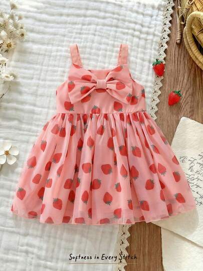 Cozy Pixies Baby Girl Strawberry Pattern Contrast Color Bow Tie Camisole Waist Dress
