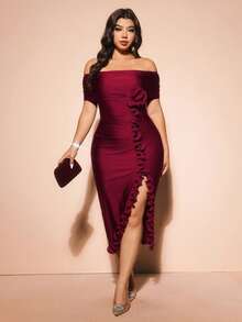 Cravure Plus Size Women's New Elegant Party Burgundy Romantic 3D Rose Off Shoulder Ruffle Hem Slit Waist Formal Maxi Dress - Burgundy - View 4