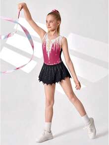 Tween Girls' Sleeveless Gymnastics Leotard, With Mesh Panels, Contrast Color Print And Rhinestone Decor, Black & Fuchsia, Suitable For Sports, School Dance Competitions - Multicolor - View 4