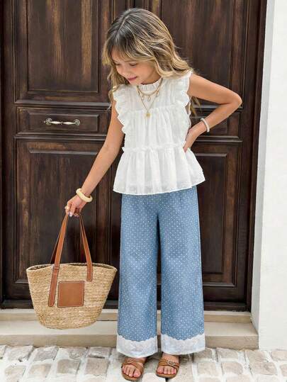 两件套少女白色套装，面料为3D立体花卉刺绣镂空宽松多层蛋糕裙，浅蓝色阔腿裤饰有白色波点，搭配蕾丝边饰上衣，甜美清新风格，适合春夏穿着。