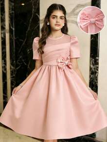 SHEIN Vestido de niña preadolescente con parches de malla, decoración de perlas y lazo - Rosa - Ver 3