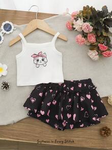 Cozy Pixies 女婴卡通猫咪爱心图案针织柔软吊带背心和松紧腰短裤两件套 - 彩色 - 查看 6