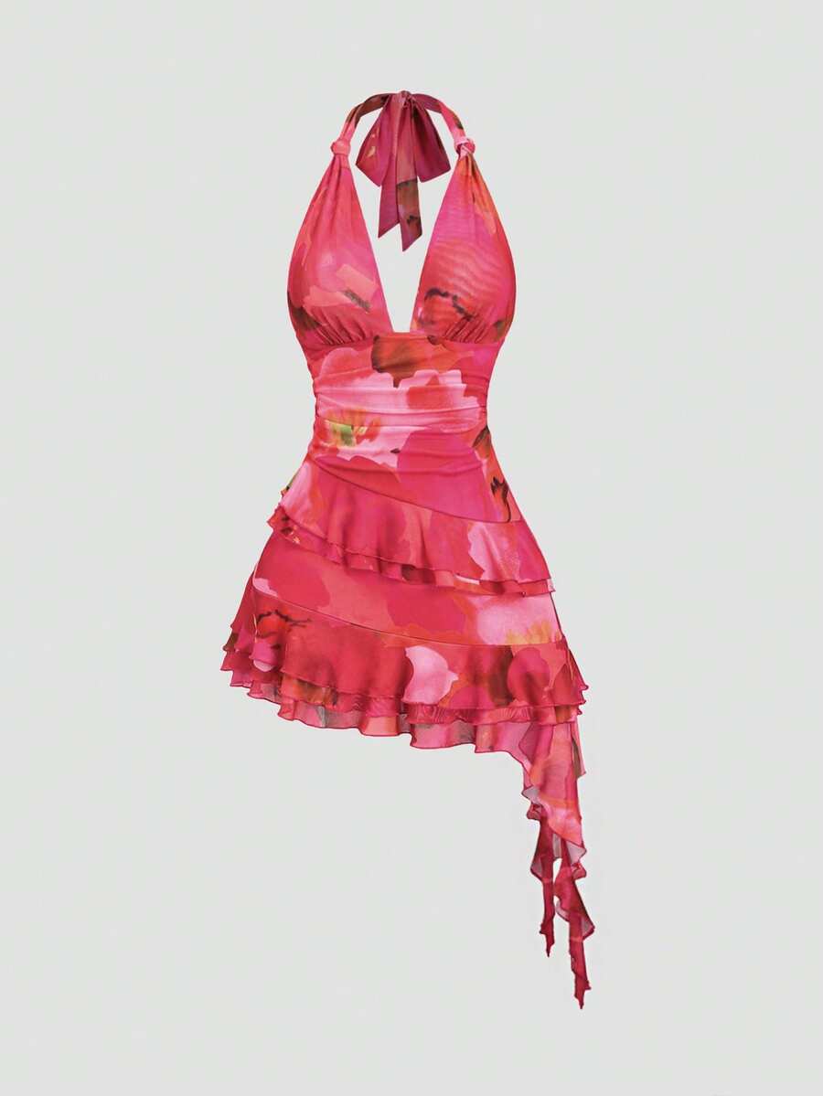 Sweetra 女士浪漫度假风印花层叠荷叶边露背吊带迷你连衣裙，春夏款 - 玫紅色 - 查看 1