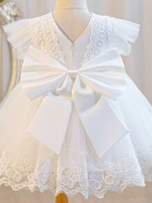 Glamorique Kids 女婴公主裙，节日正式礼服，白色薄纱泡泡袖连衣裙，花童礼服，生日派对礼服，婚礼礼服，柔软面料，蕾丝薄纱裙摆，适合正式场合，钢琴演奏会，演出，主持活动，拍照，夏季，欧美风格白色复活节连衣裙，圣餐婴儿礼服，女婴花卉刺绣贴花泡泡袖撞色网纱连衣裙，白色女婴连衣裙，女婴洗礼服 - 白色 - 查看 9