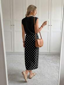 SHEIN LUNE 女士黑色波点迷你裙+短袖T恤两件套 - 优雅休闲的春秋夏季波西米亚风时尚套装，适合工作、下午茶、海滩度假、夏威夷、春假、音乐节等场合。 - 彩色 - 查看 5