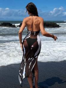 Bonvoyette Vestido de malla con escote en V profundo y abertura frontal con estampado en blanco y negro para el verano - Blanco y Negro - Ver 2