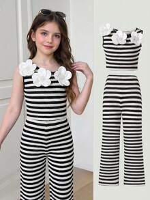 SHEIN 2件套少女针织条纹不对称肩部印花休闲T恤和打底裤套装 - 黑與白 - 查看 1