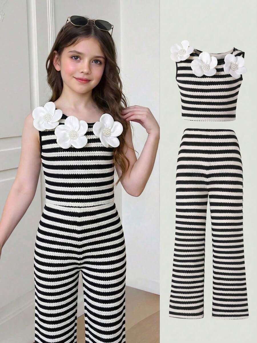 SHEIN 2件套少女针织条纹不对称肩部印花休闲T恤和打底裤套装 - 黑與白 - 查看 1